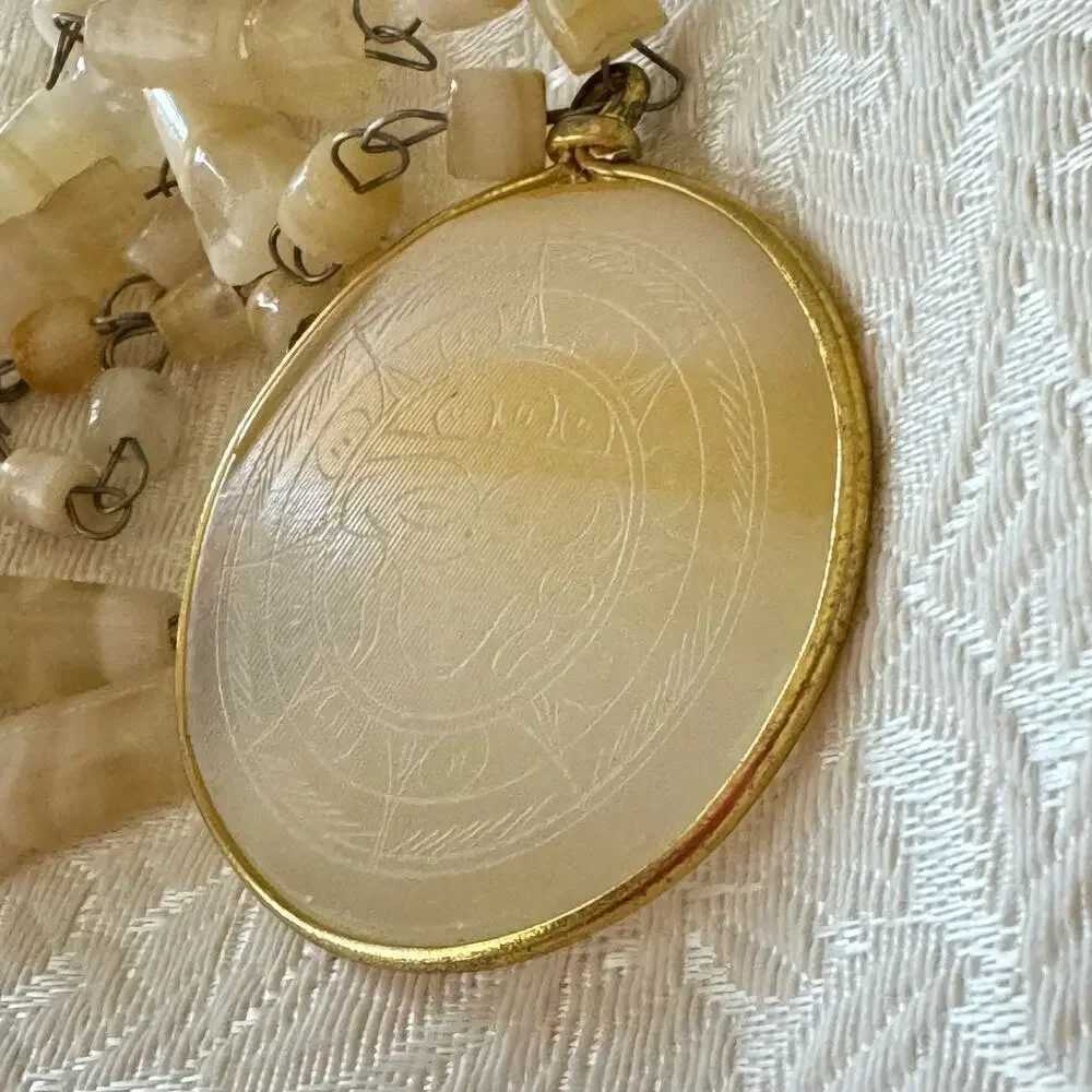 Vintage Carved Aztec Sundial Pendant Mexican Sun White Agate Etched Necklace